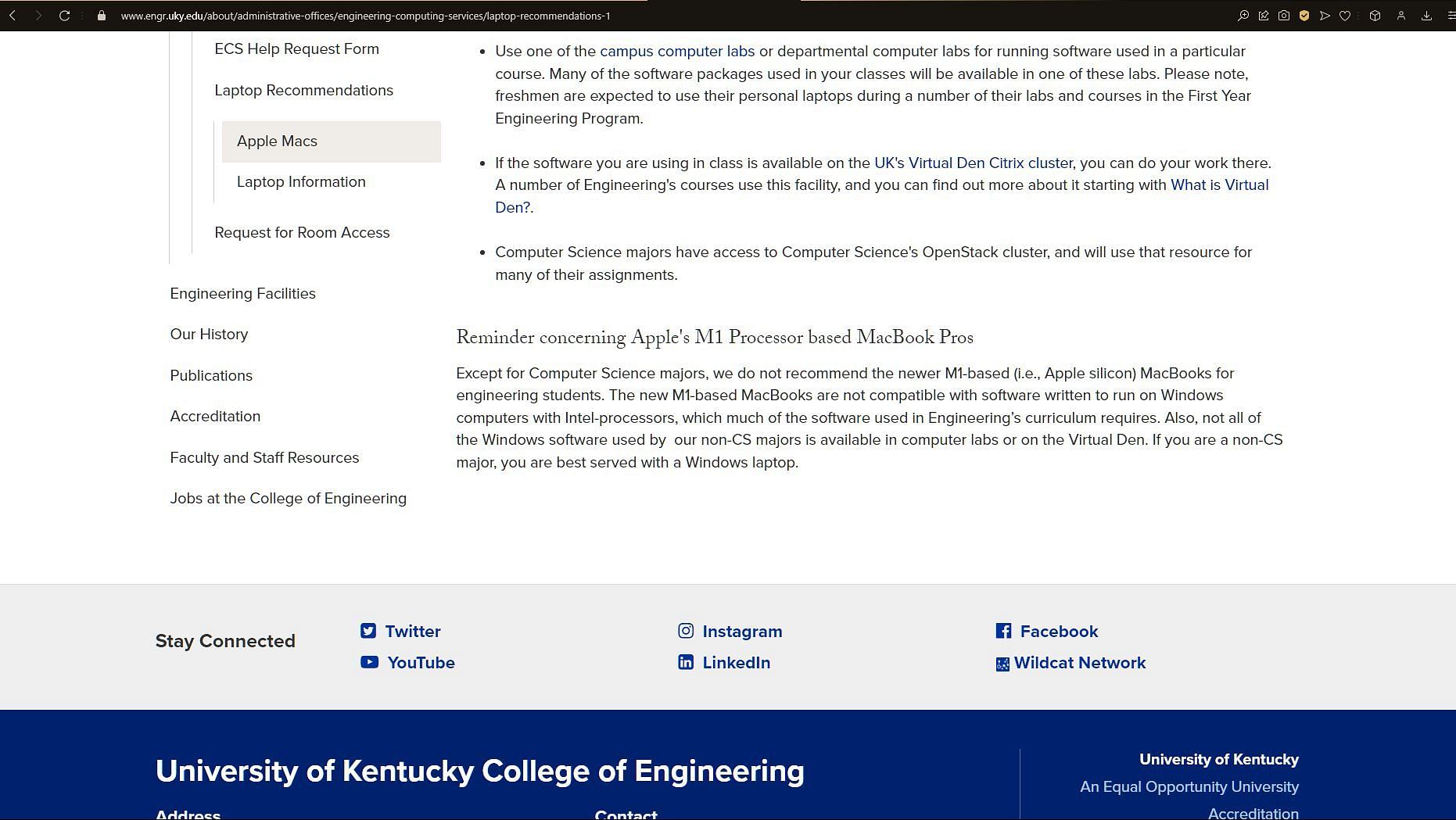 A course requirements page explicitly warning against MacBooks (Image via University of Kentucky)